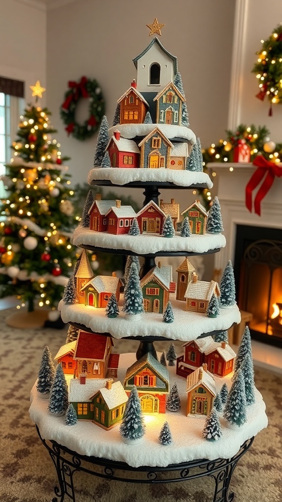 DIY Christmas Tree Village Stand A decorative Christmas tree village stand with miniature houses and trees, decorated with snow and lights.